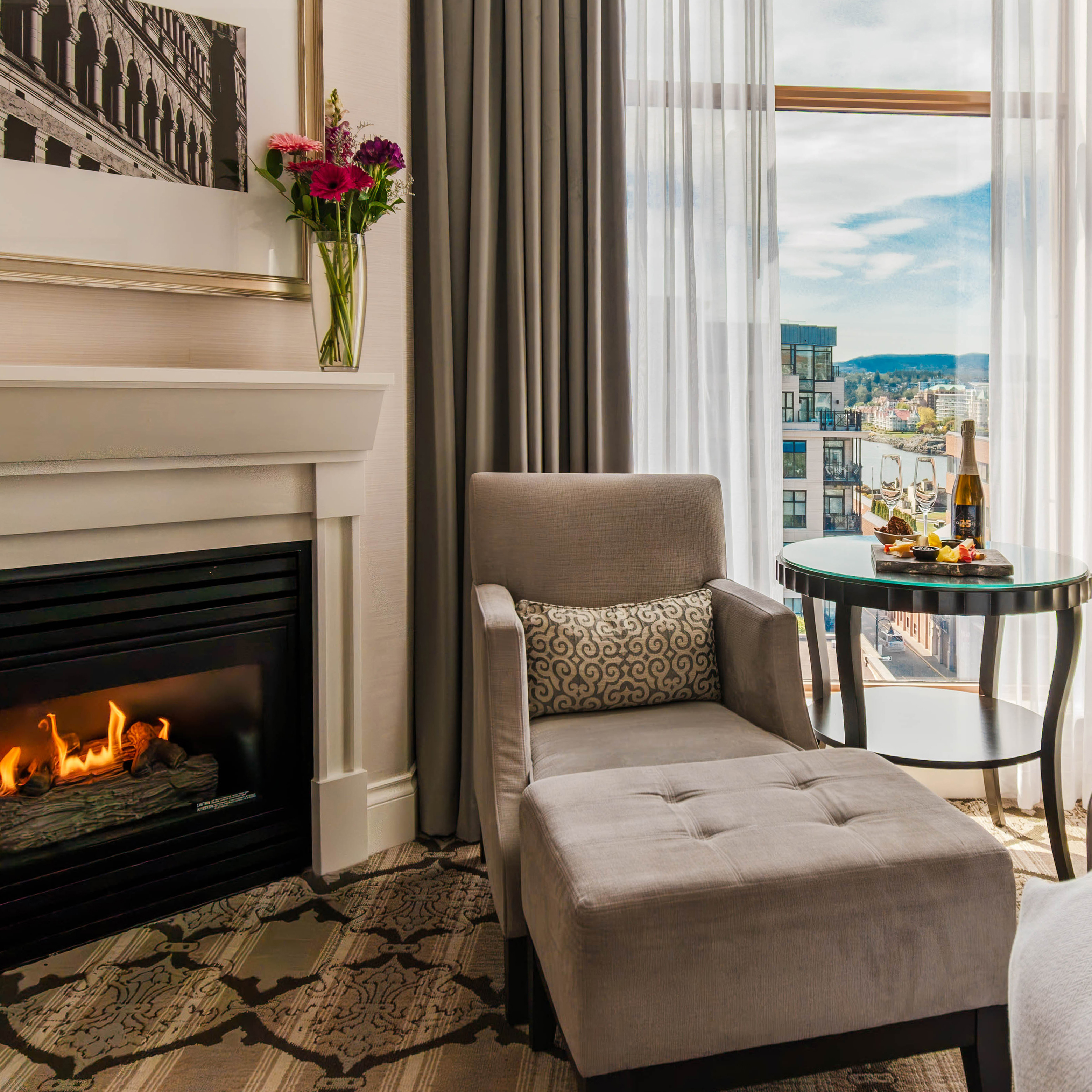 European inspired seating area with a view of the harbour at Magnolia Hotel & Spa