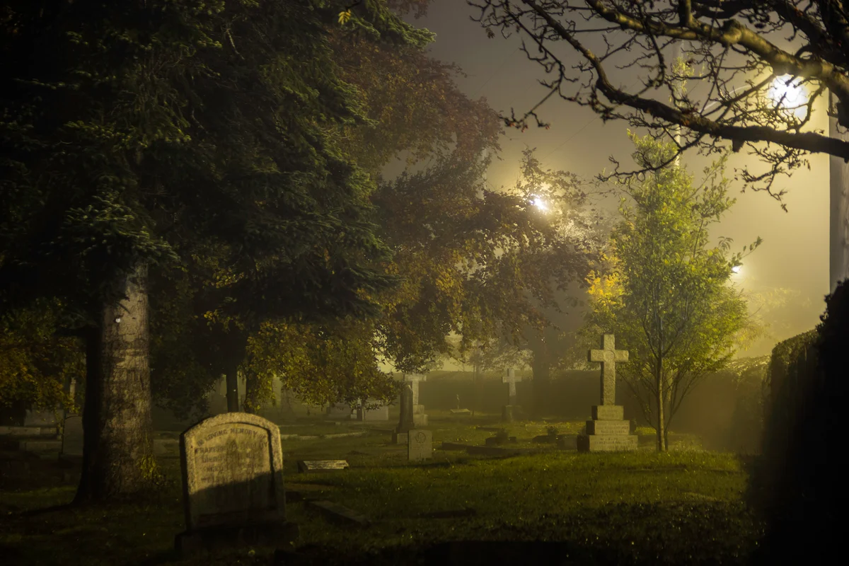 Ross Bay Cemetery with gravestones, bathed in a foggy green light