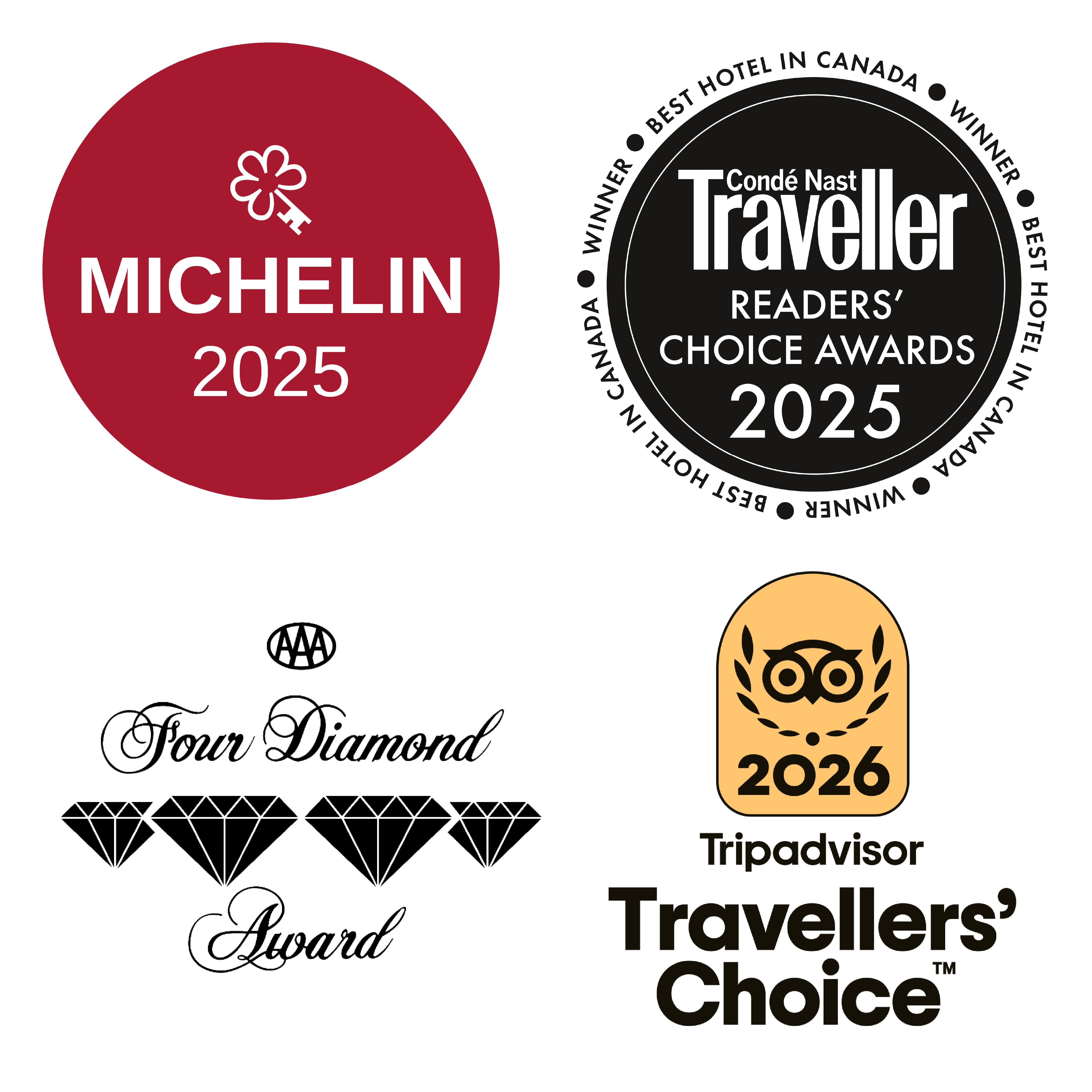 Michelin 2024 Award, Travel + Leisure 500 2024 Award, Conde Naste Traveler Readers' Choice Award 2024, CAA Four Diamond Award, and Tripadvisor 2025 Travelers' Choice Awards Best of the Best