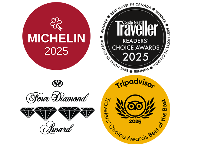 Michelin 2024 Award, Travel + Leisure 500 2024 Award, Conde Naste Traveler Readers' Choice Award 2024, CAA Four Diamond Award, and Tripadvisor 2025 Travelers' Choice Awards Best of the Best