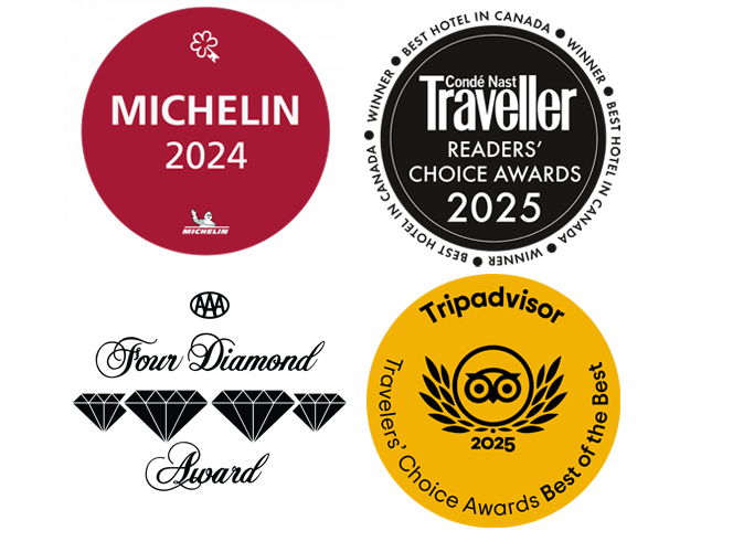 Michelin 2024 Award, Travel + Leisure 500 2024 Award, Conde Naste Traveler Readers' Choice Award 2024, CAA Four Diamond Award, and Tripadvisor 2025 Travelers' Choice Awards Best of the Best