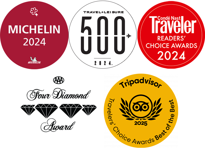 Michelin 2024 Award, Travel + Leisure 500 2024 Award, Conde Naste Traveler Readers' Choice Award 2024, CAA Four Diamond Award, and Tripadvisor 2025 Travelers' Choice Awards Best of the Best