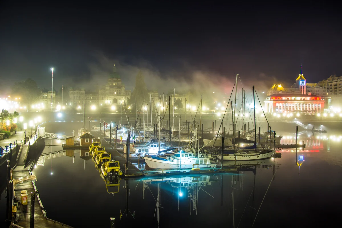 Foggy Inner Harbour in Victoria at night 
