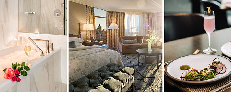 series of 3 images, bubble bath with bubbly and rose, sunlit room overlooking parliament buildings, cocktail and entree at The Courtney Room