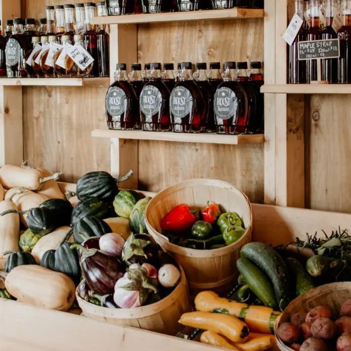 farm store located at Roost Farm Winery featuring fresh produce and bottled goods.